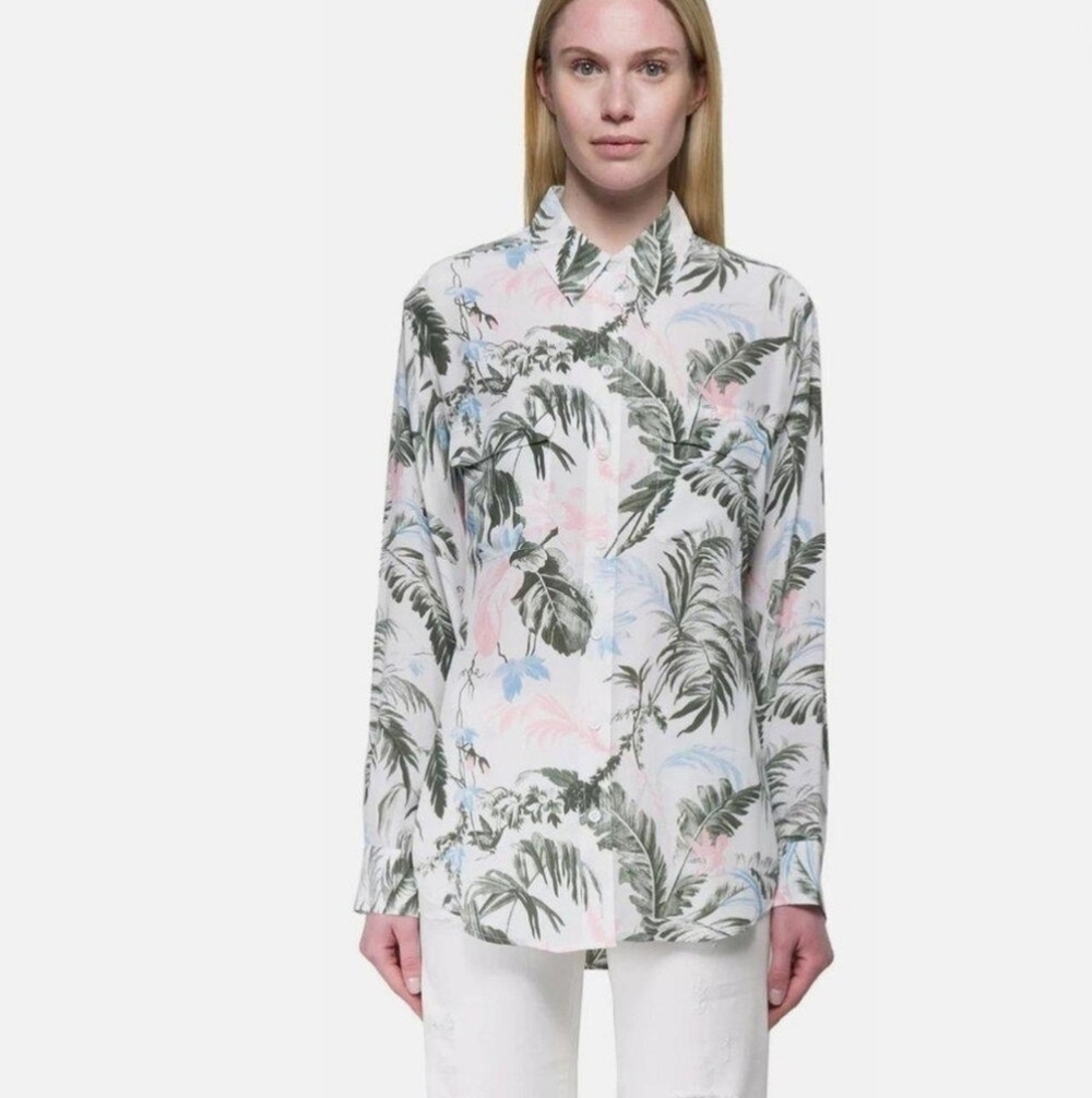 Equipment Femme White 100% Silk Button-Up Signature Silk Shirt Tropical Hawaiian